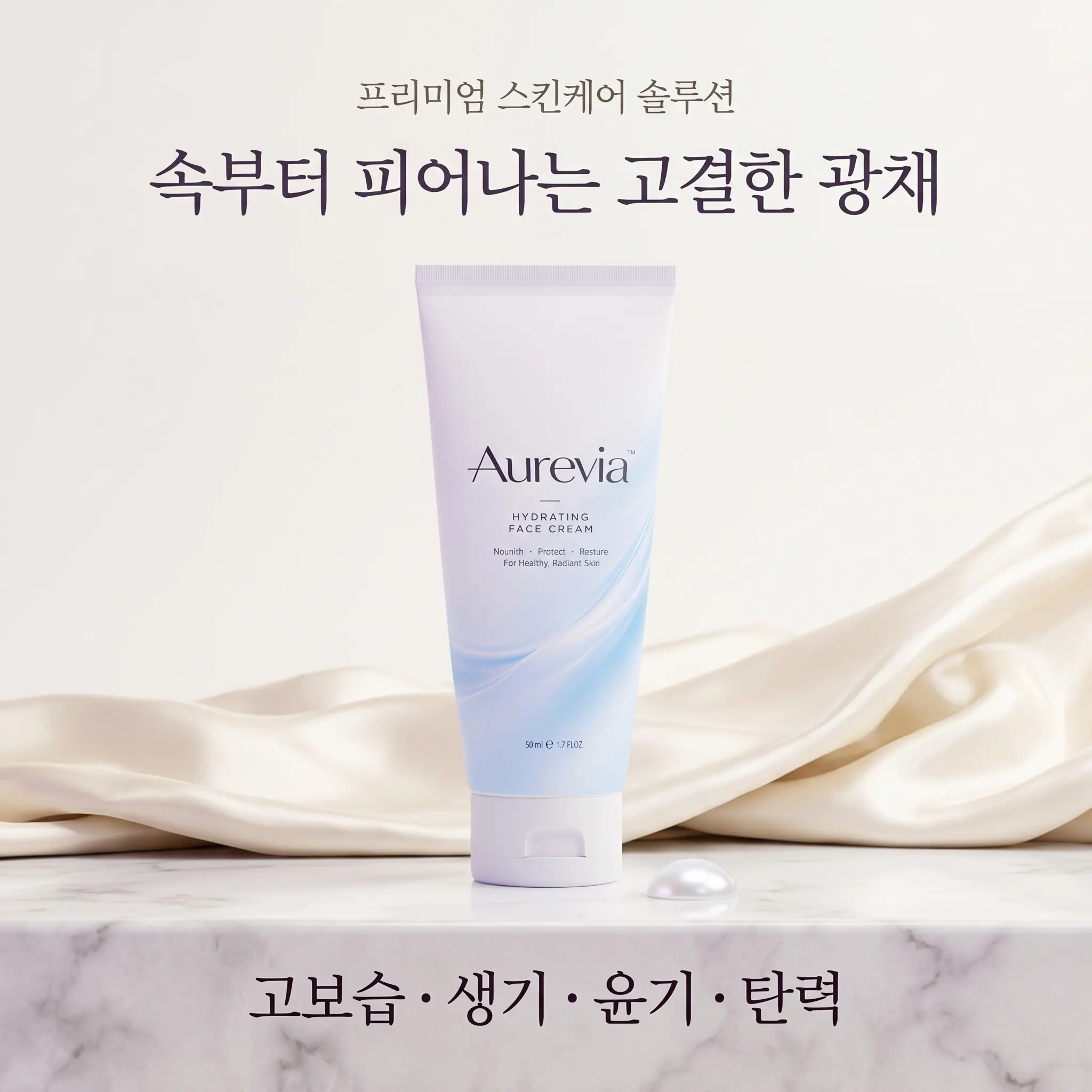 A pale blue face cream tube standing on marble beside folded silk, under Korean skincare copy