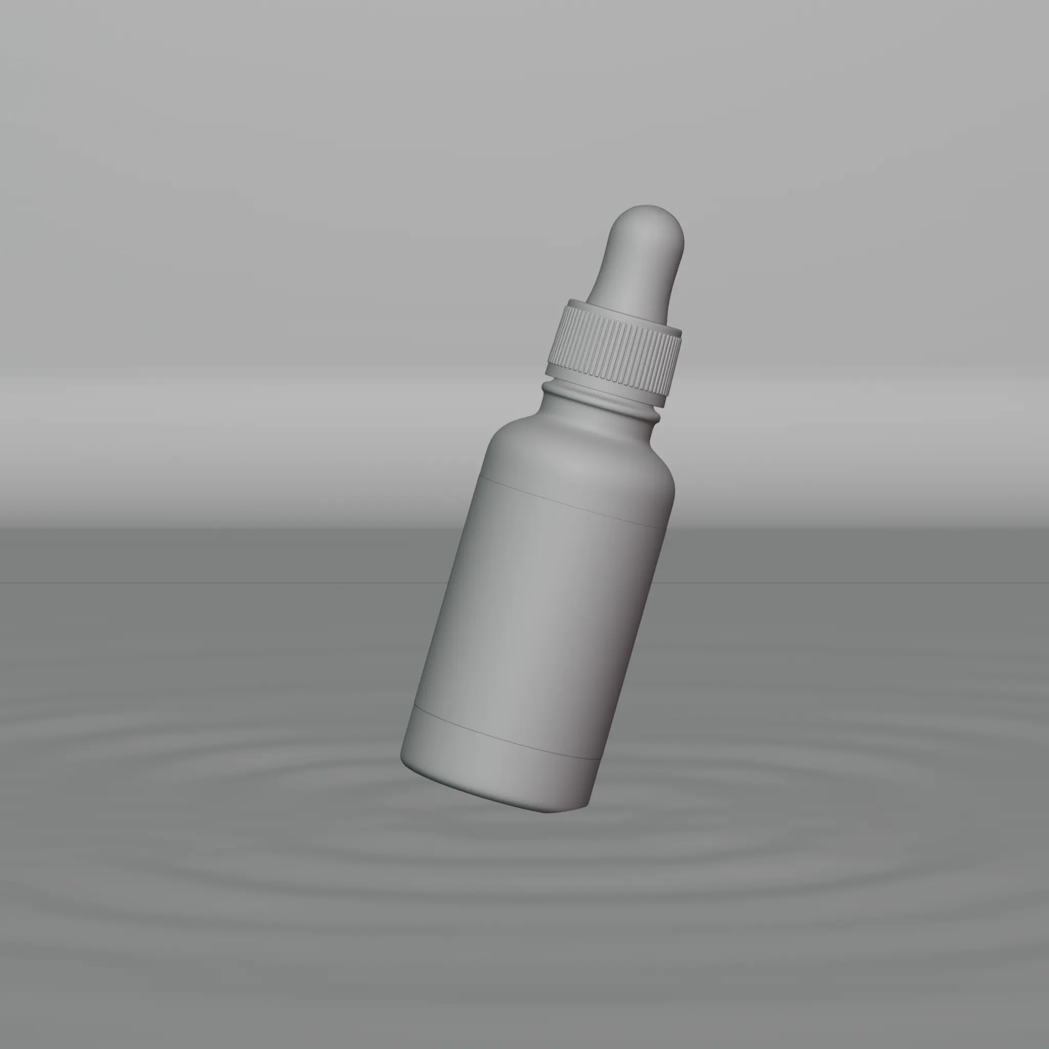 An untextured grey clay render of the serum bottle, rippling the water beneath it