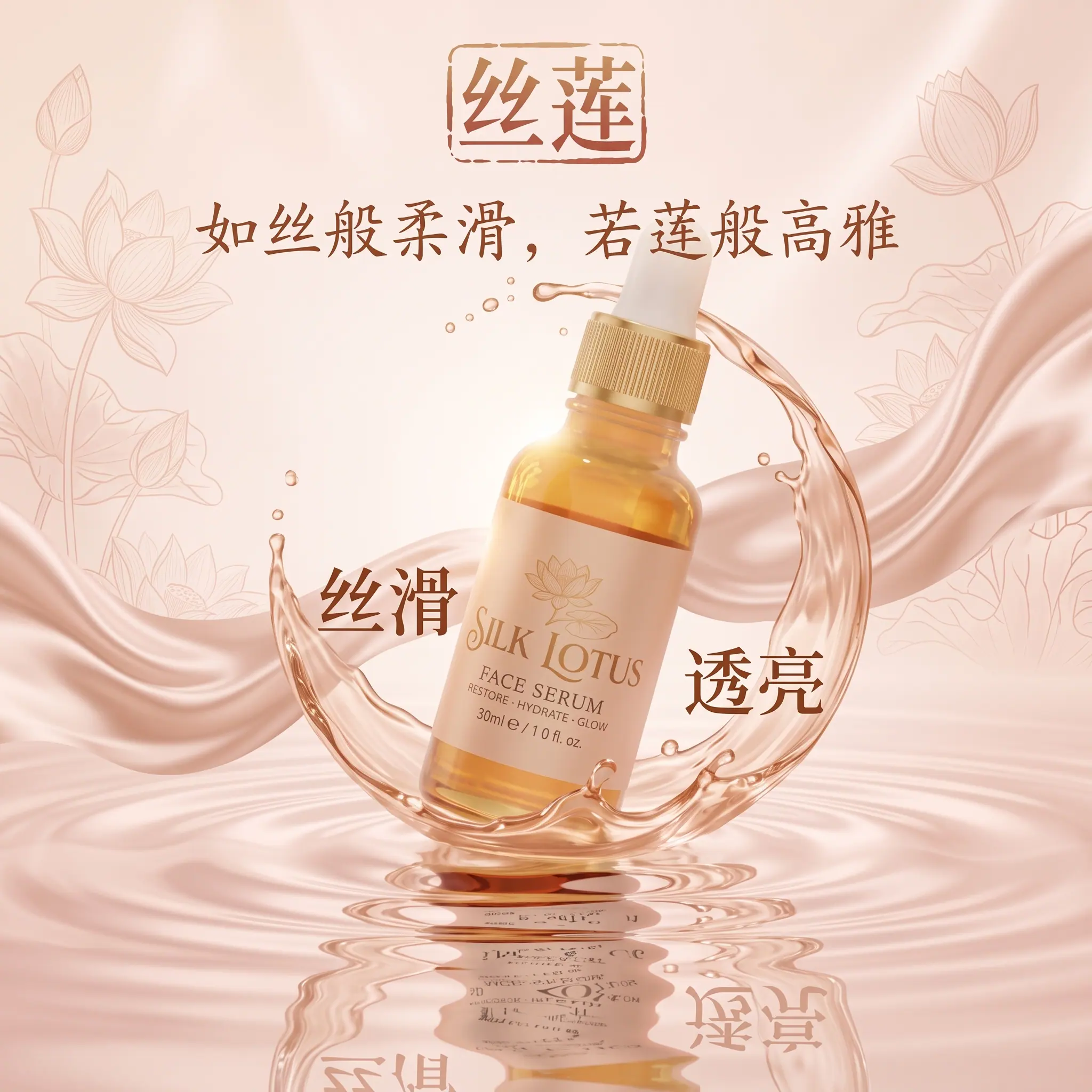 A serum bottle standing on rippling golden liquid, ringed by a swirl of liquid silk, in a Chinese-language beauty advert