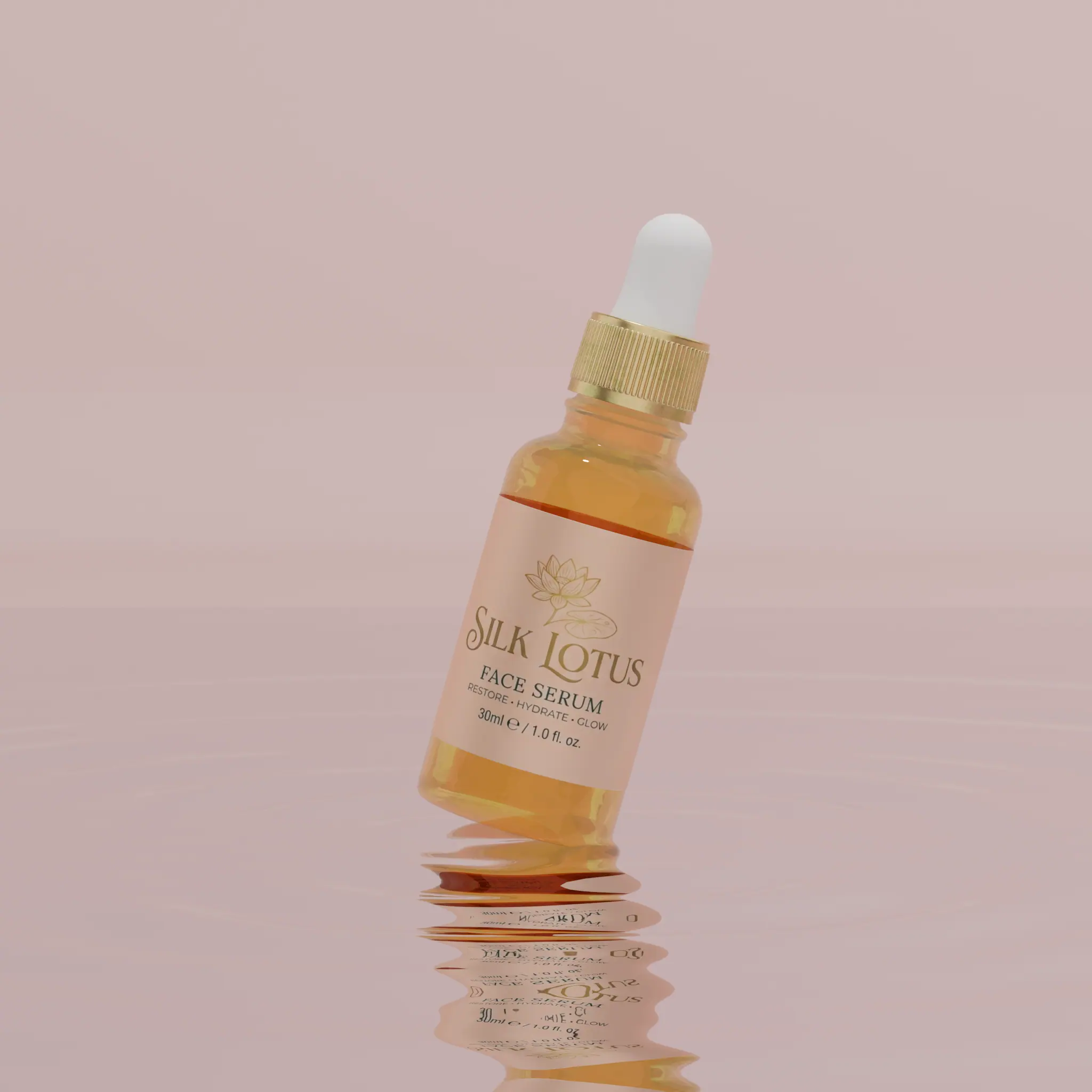 A glass serum dropper bottle standing on still pink water, mirrored in the surface