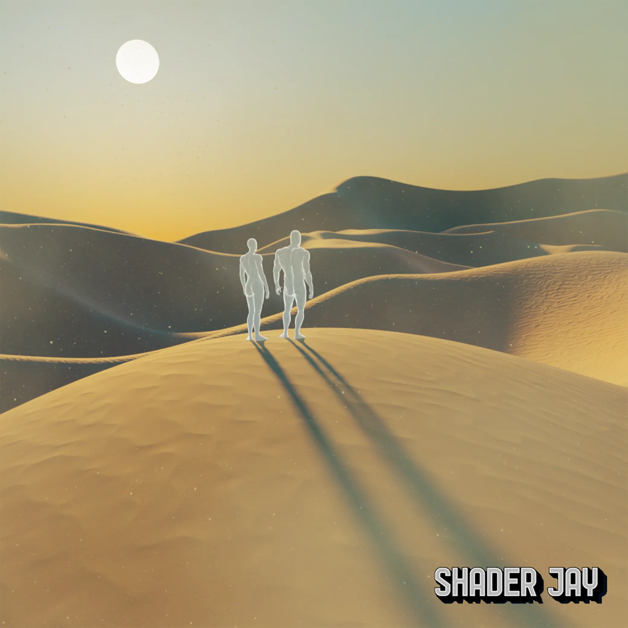 Two pale figures walking over golden sand dunes under a low sun, casting long shadows