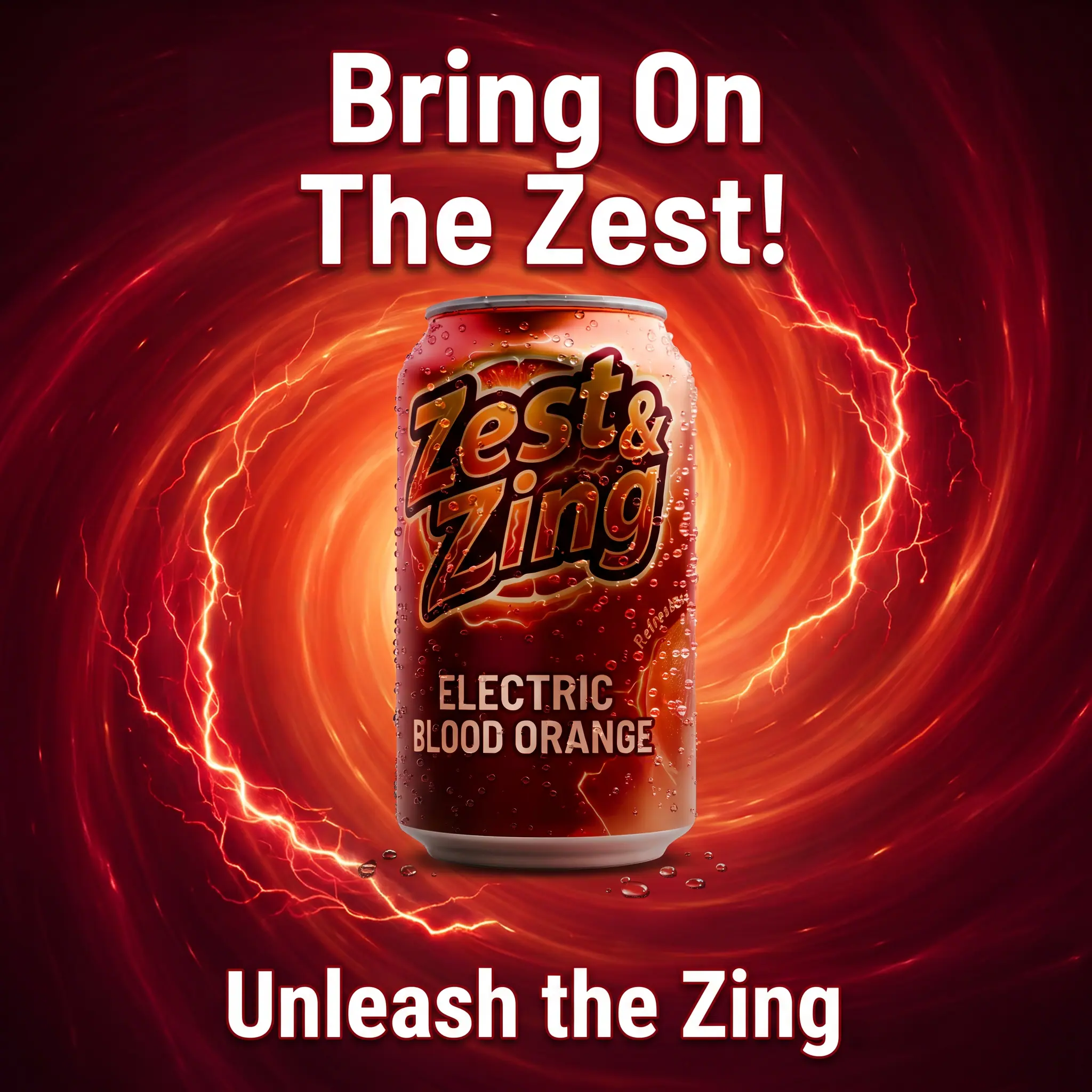 A blood orange soda can inside a swirling vortex of red lightning, under the words Bring On The Zest