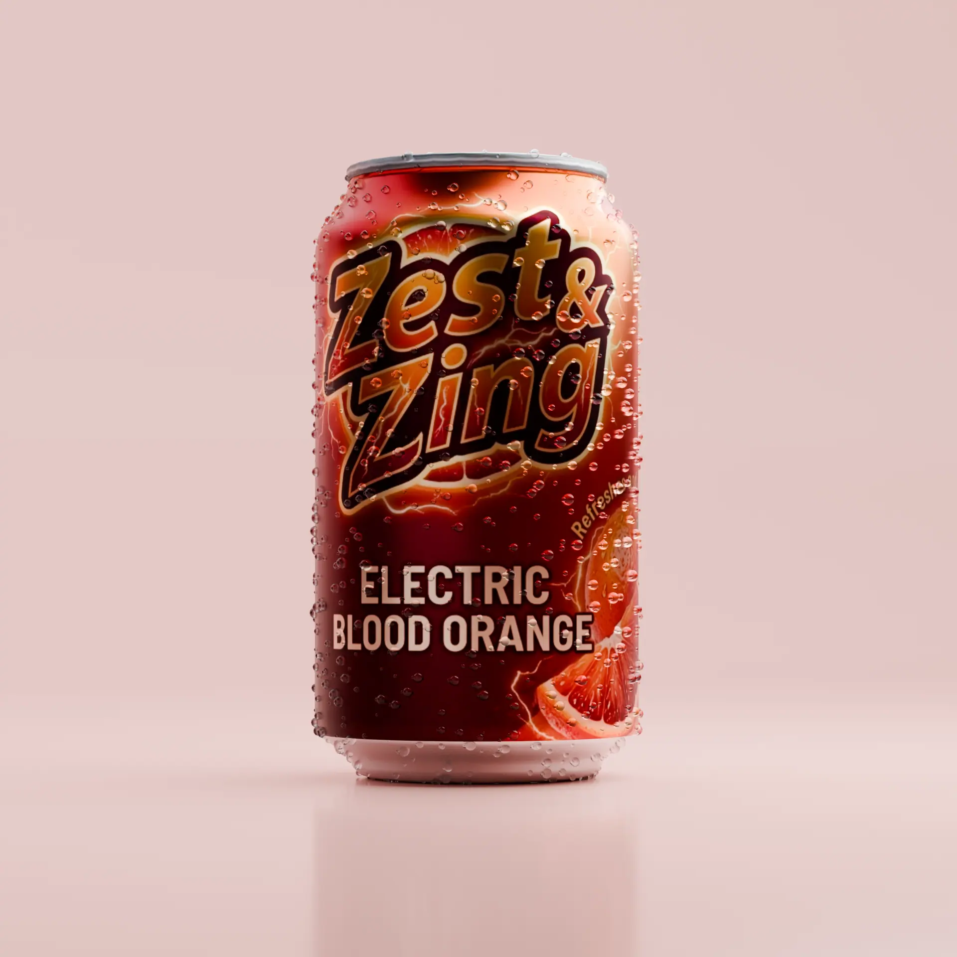 A blood orange soda can beaded with condensation on a soft pink studio background